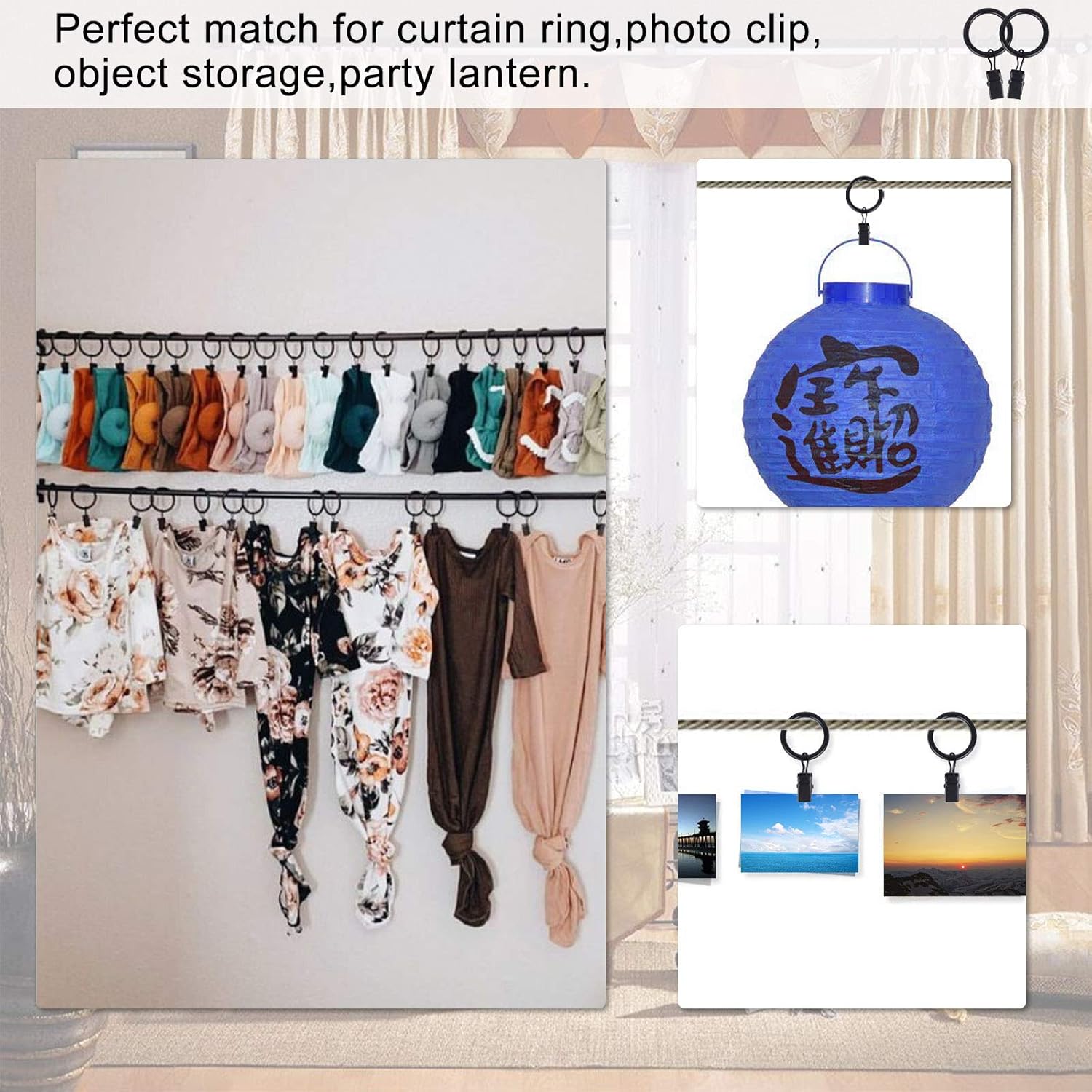 42 Pack Curtain Rings with Clips Black