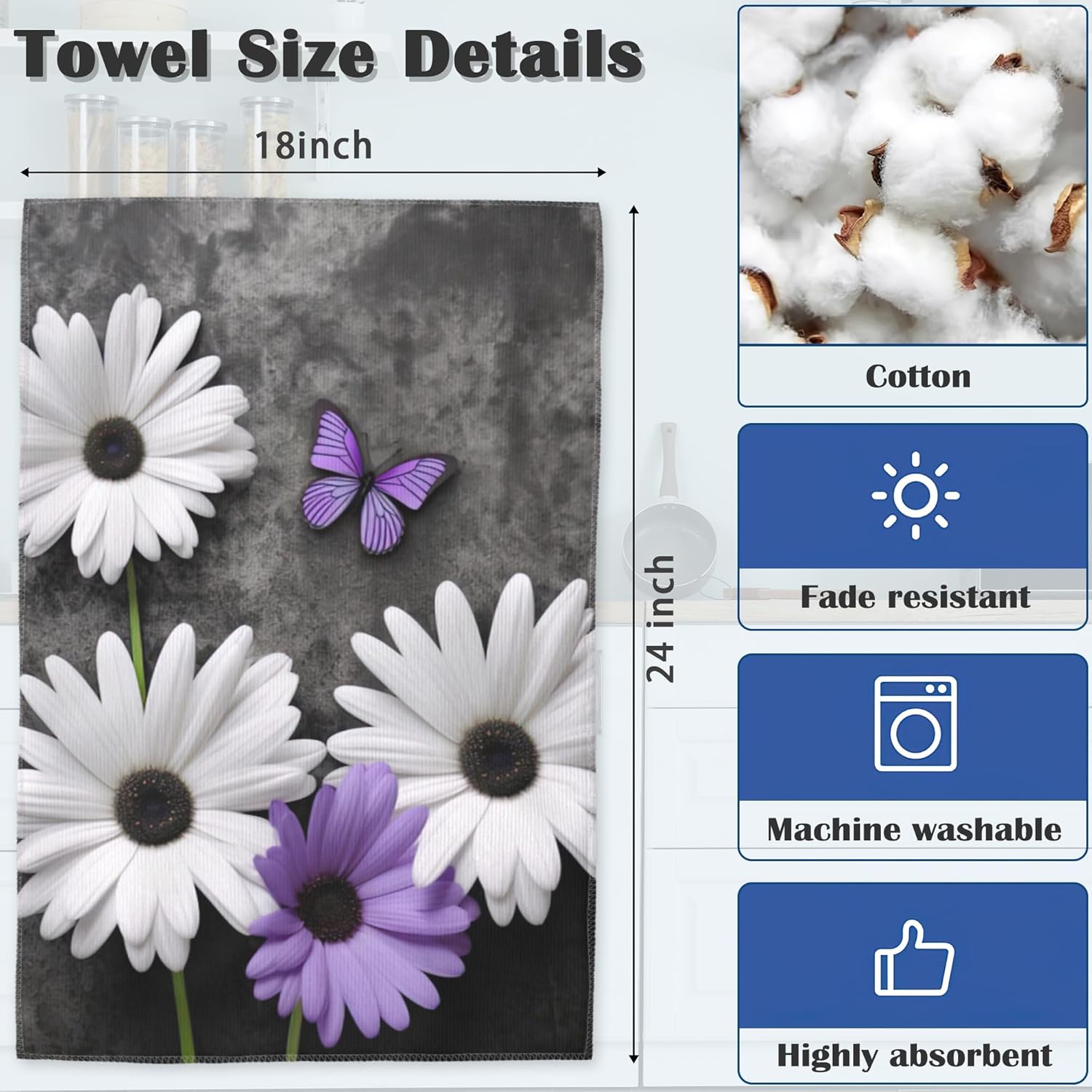 Purple Daisy Butterfly Hand Towels Set of 2 16x24 inch