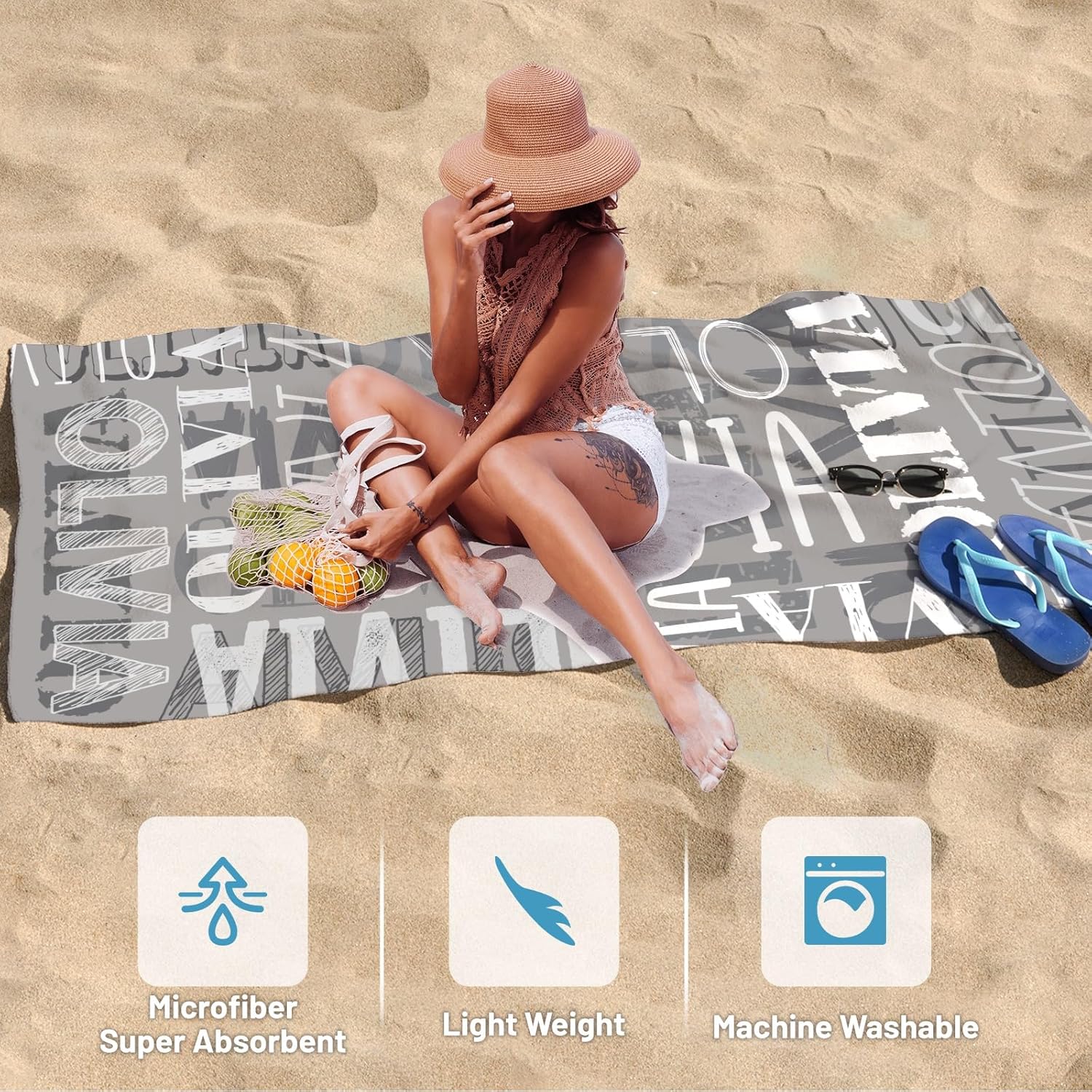Custom Beach Towel with Names - Grey Oversized 32x72 1