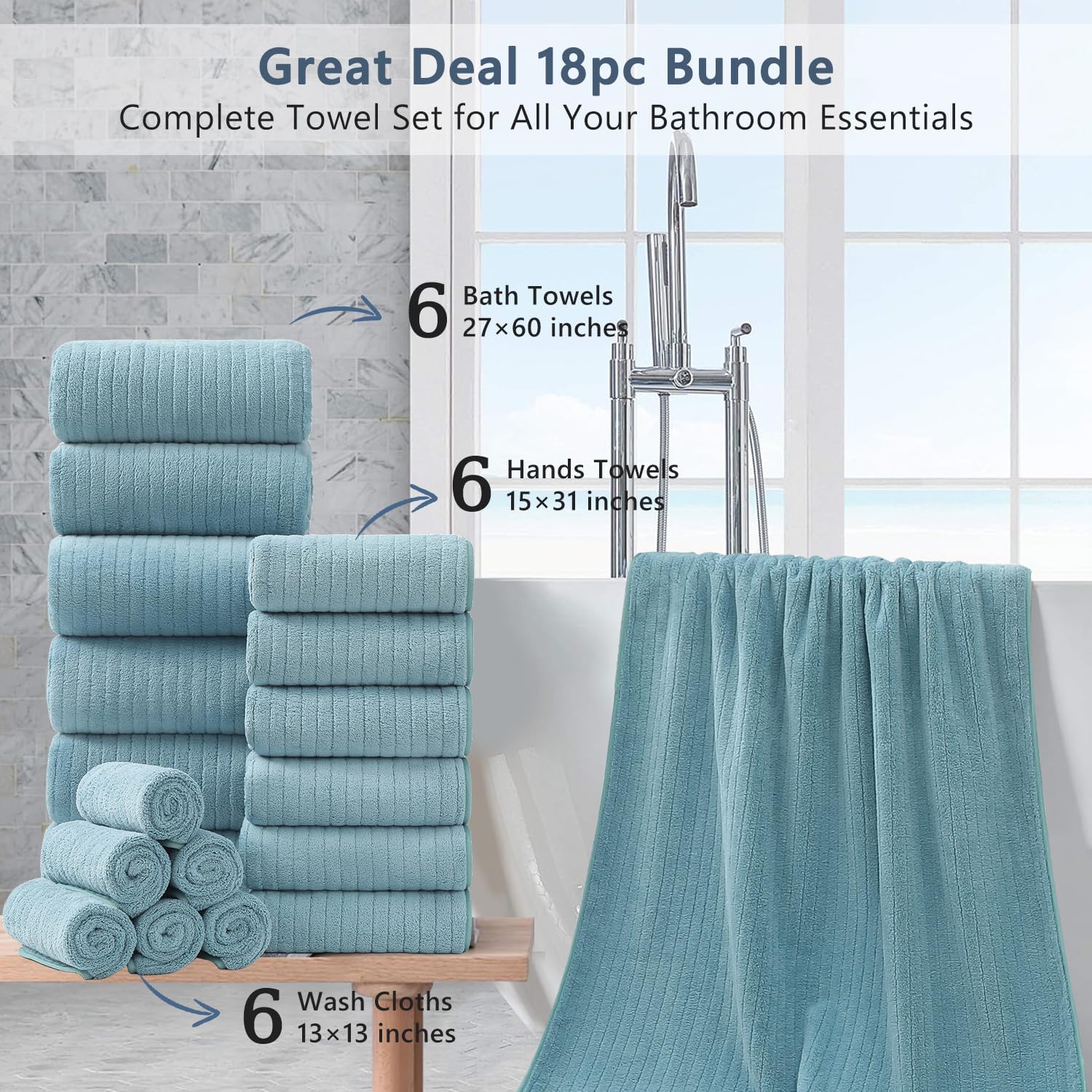 18 Piece Soft Turquoise Bath Towel Set