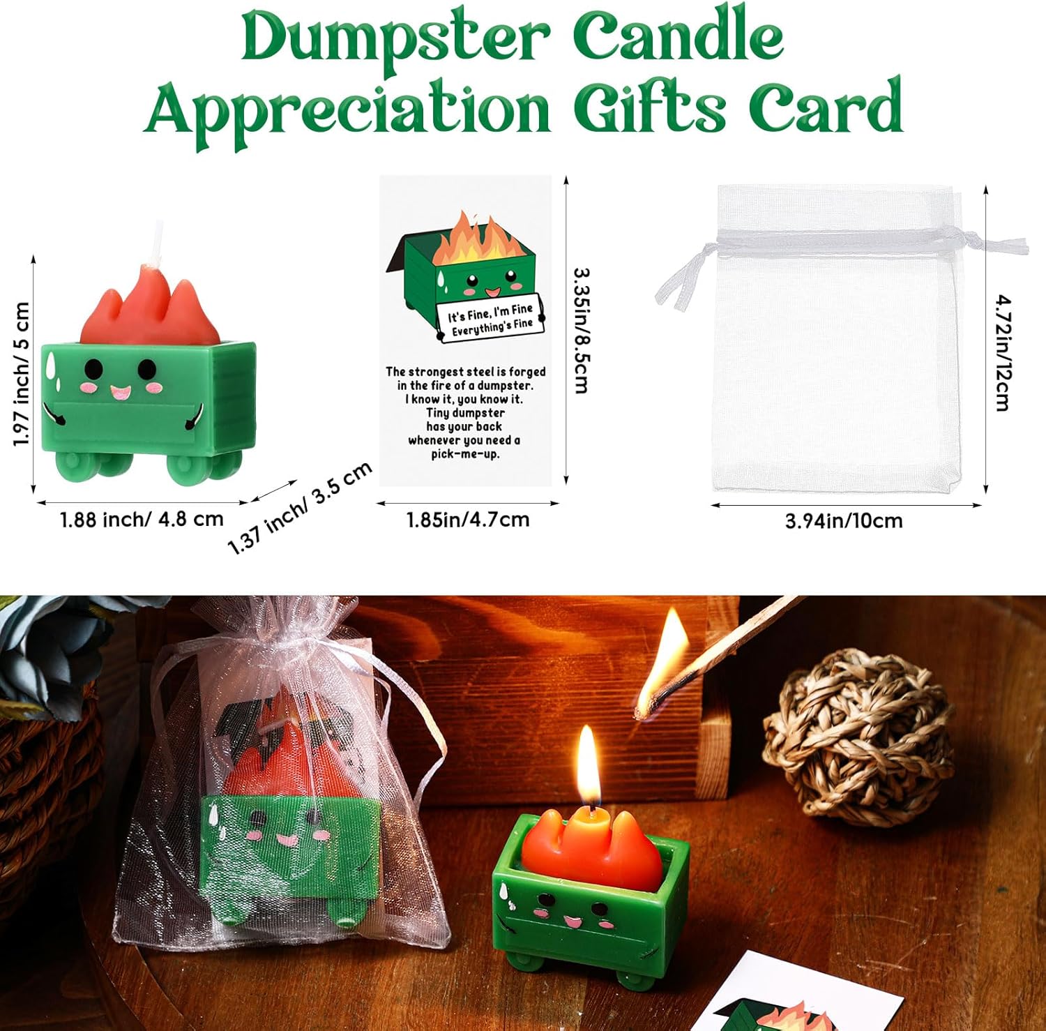 Conelist 12-Piece Dumpster Fire Candle Set with Cards and Bags