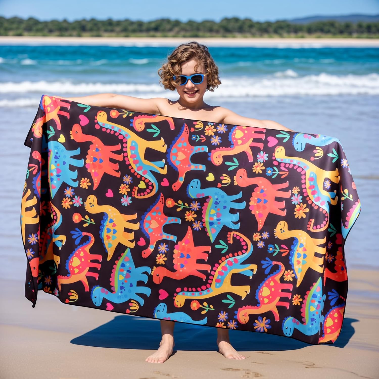 MelonBoat Large Microfiber Beach Towel with Dinosaur Design