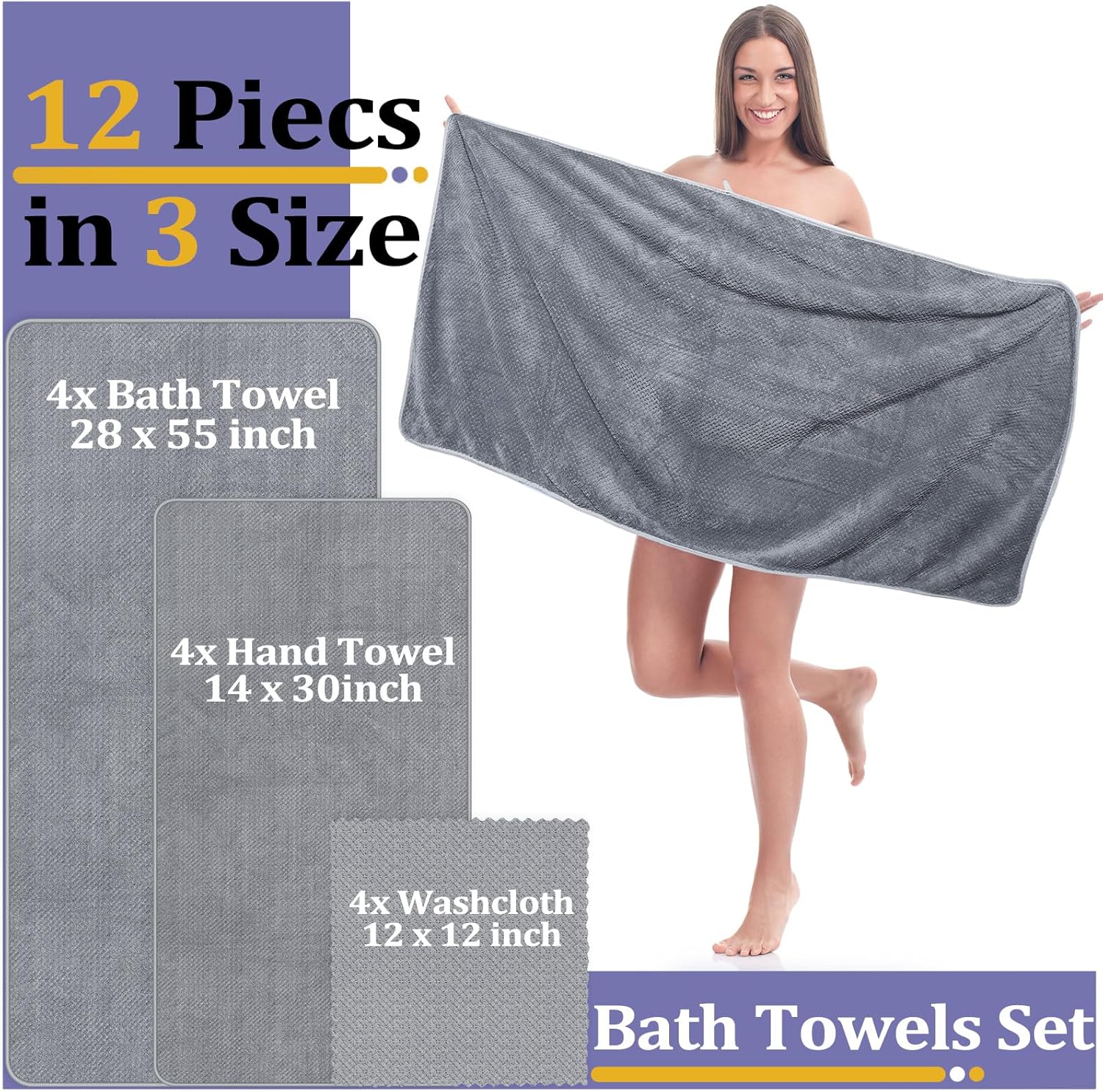 Preboun 12 Pcs Bath Towels and Washcloths Set