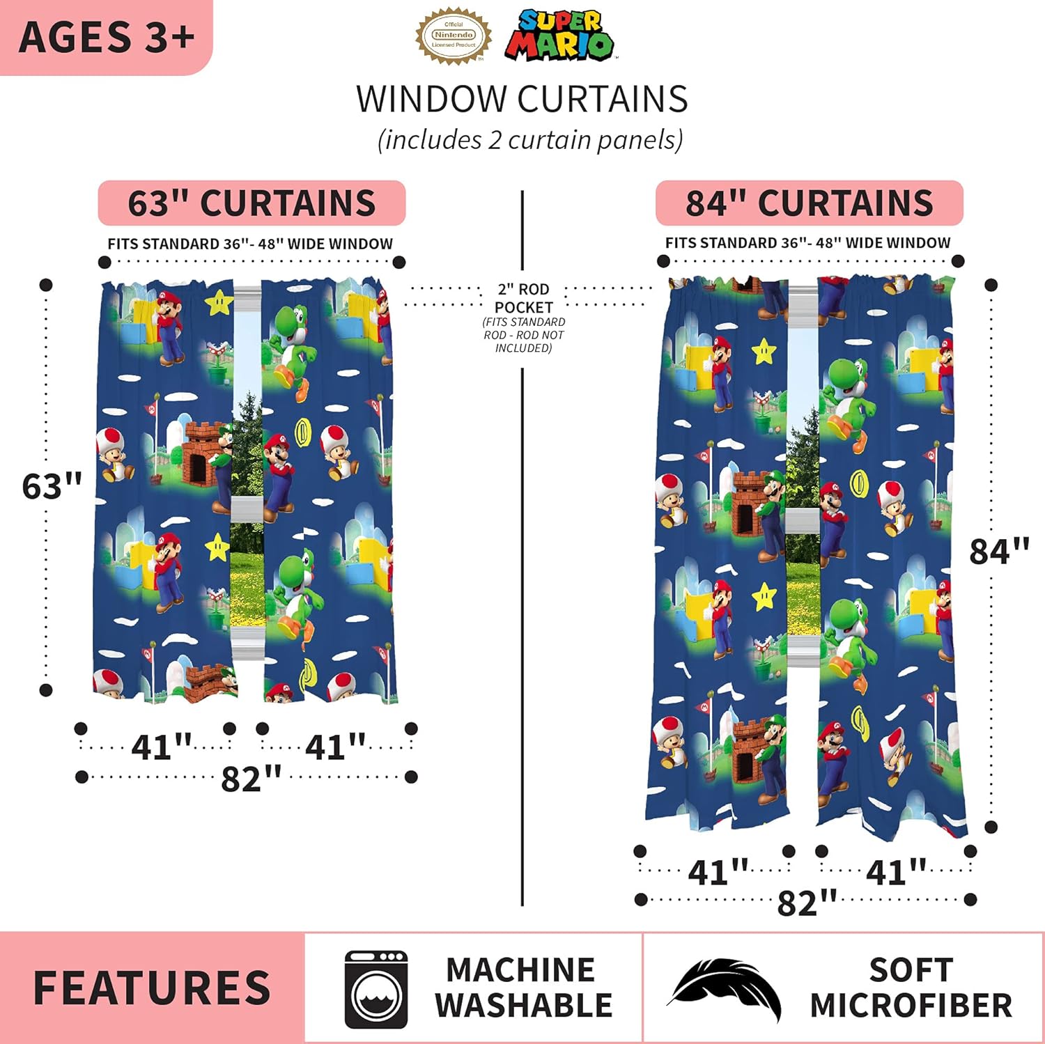 Franco Kids Window Curtains Set Super Mario 82x84