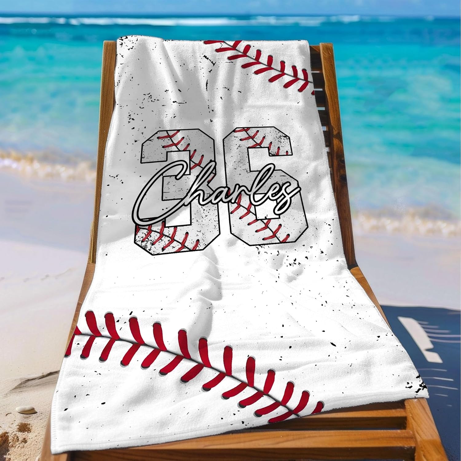 Personalized Baseball Beach Towel with Name and Number