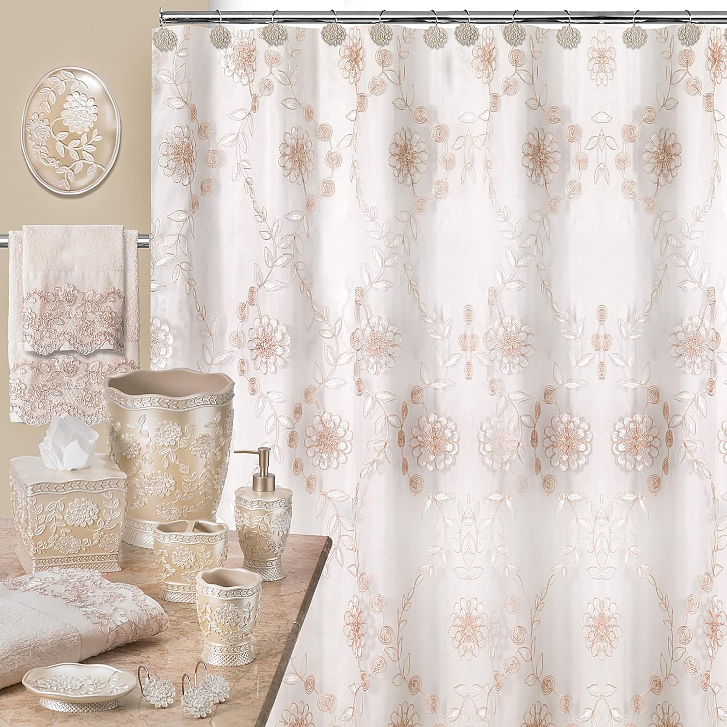Popular Bath 3PC Towel Set Rose Vine Beige-Taupe