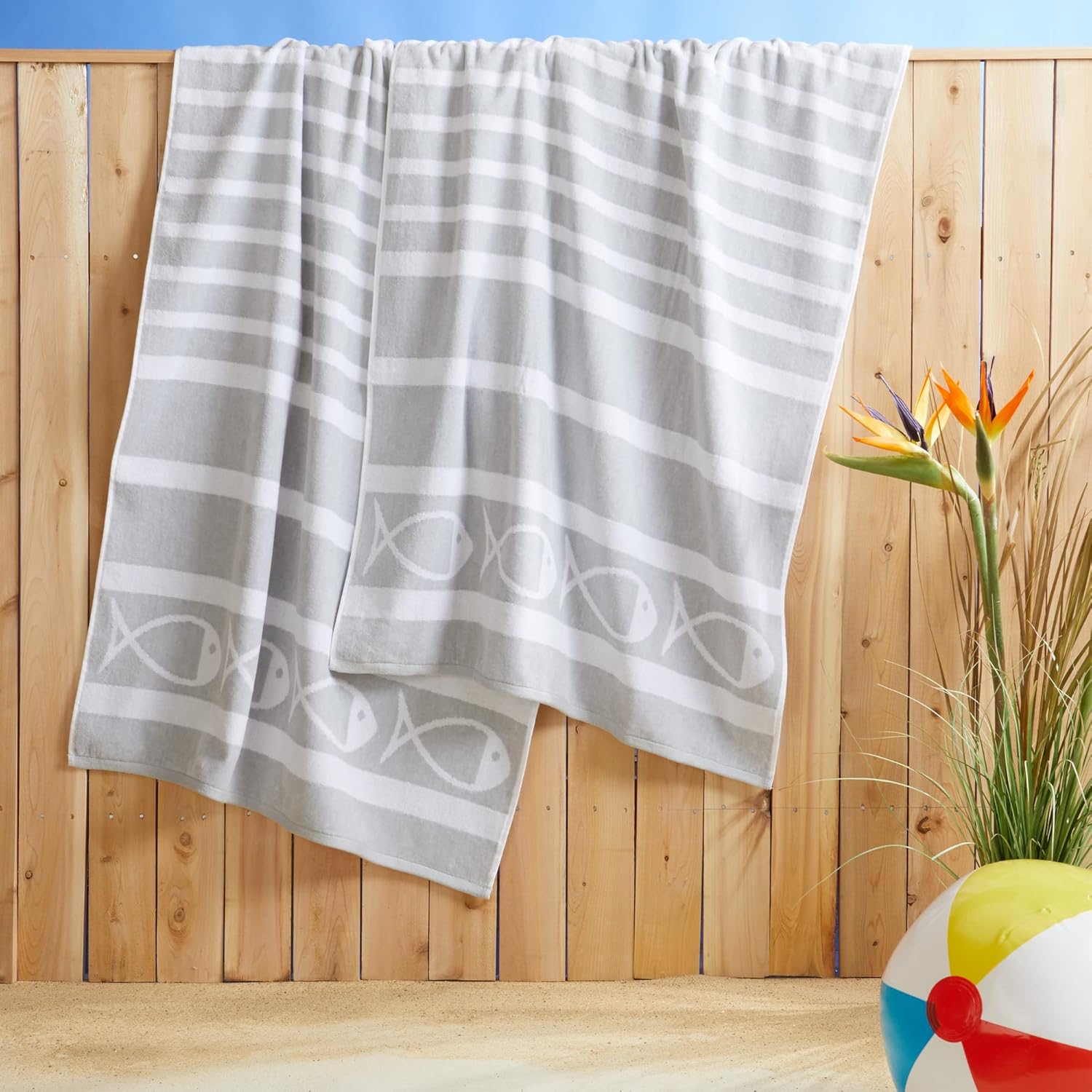 2 Pack 100 Cotton Velour Beach Towel Set - Grey Fish Design
