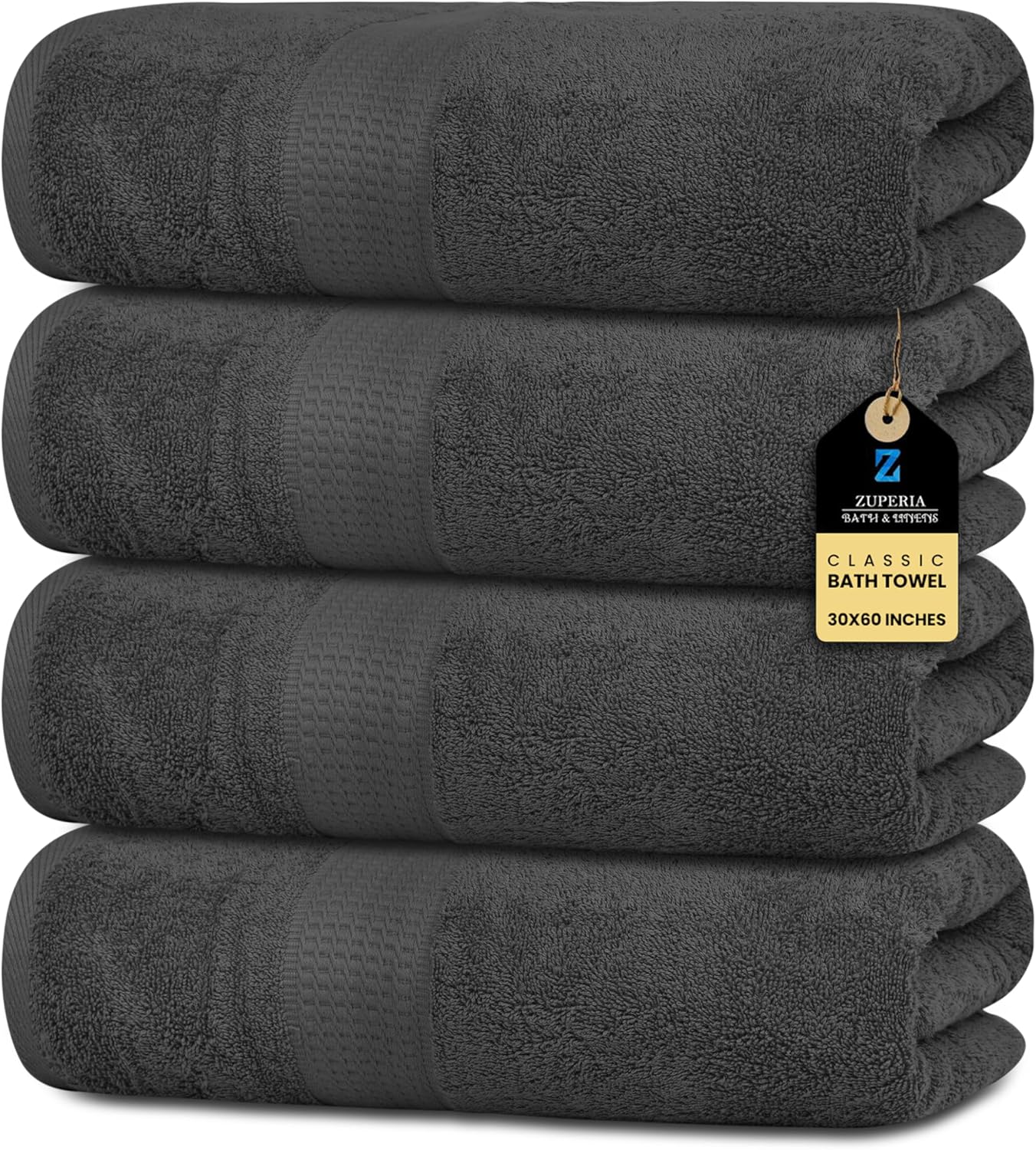 ZUPERIA Premium Bath Towels Pack of 4 - 30x60 Inches Grey