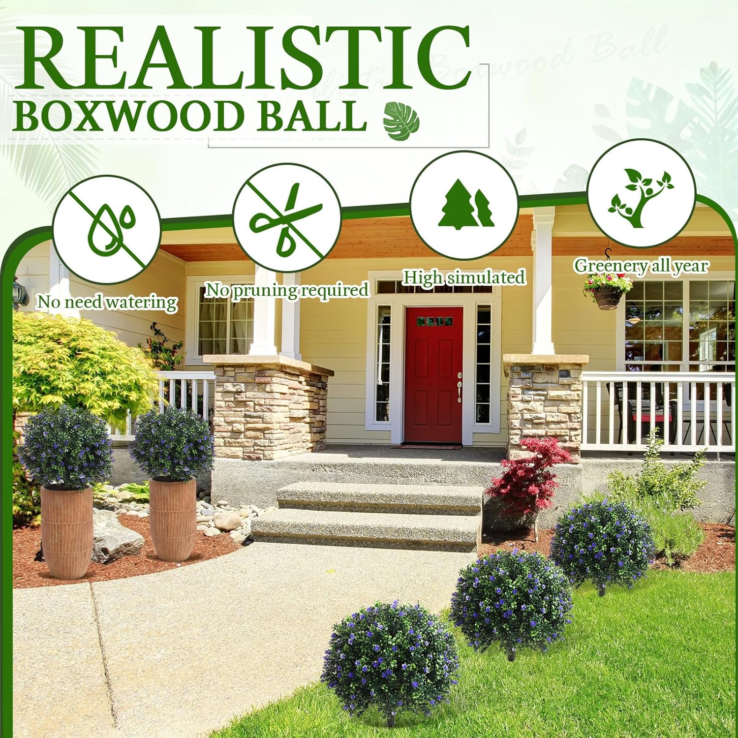Yunlly Set of 2 Artificial Boxwood Balls with Flowers Purple