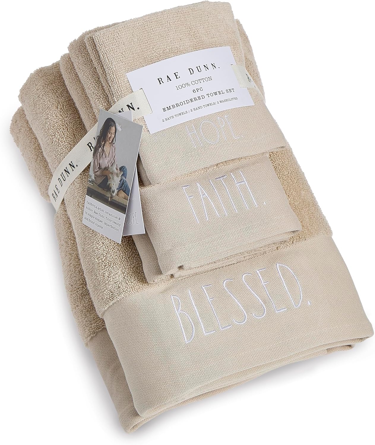 Rae Dunn 6-Piece Towel Set - Taupe and White 1