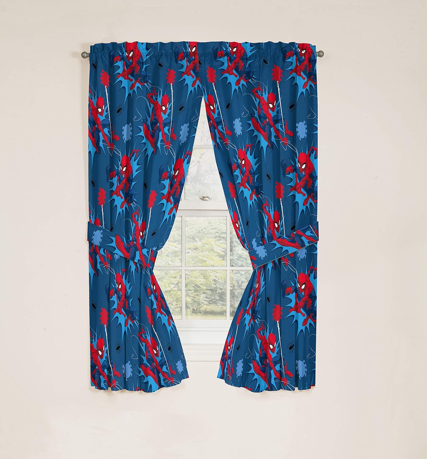 Jay Franco Spiderman Window Drapes - 4 Panels with Tiebacks 63 Inch Blue
