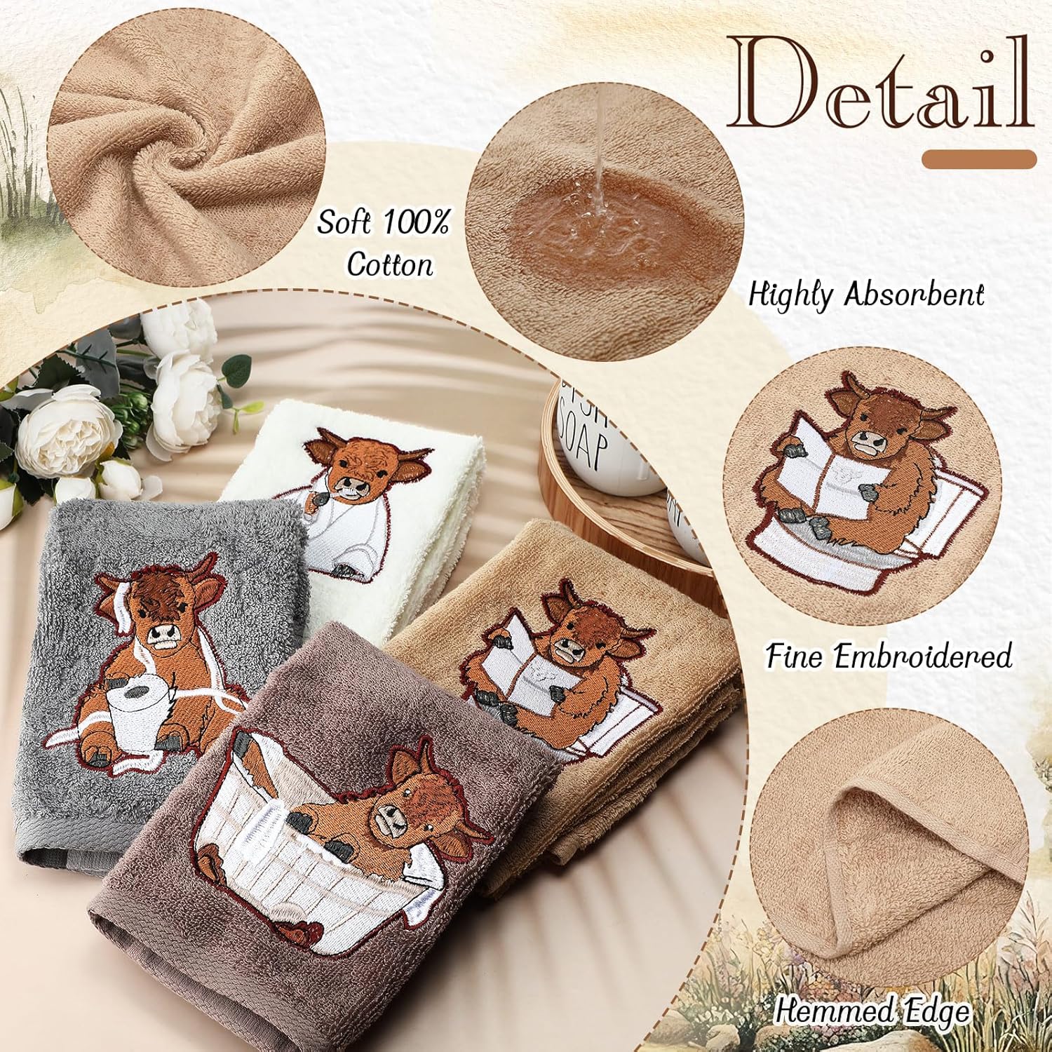 4 Pcs Highland Cow Hand Towels Farmhouse Decor
