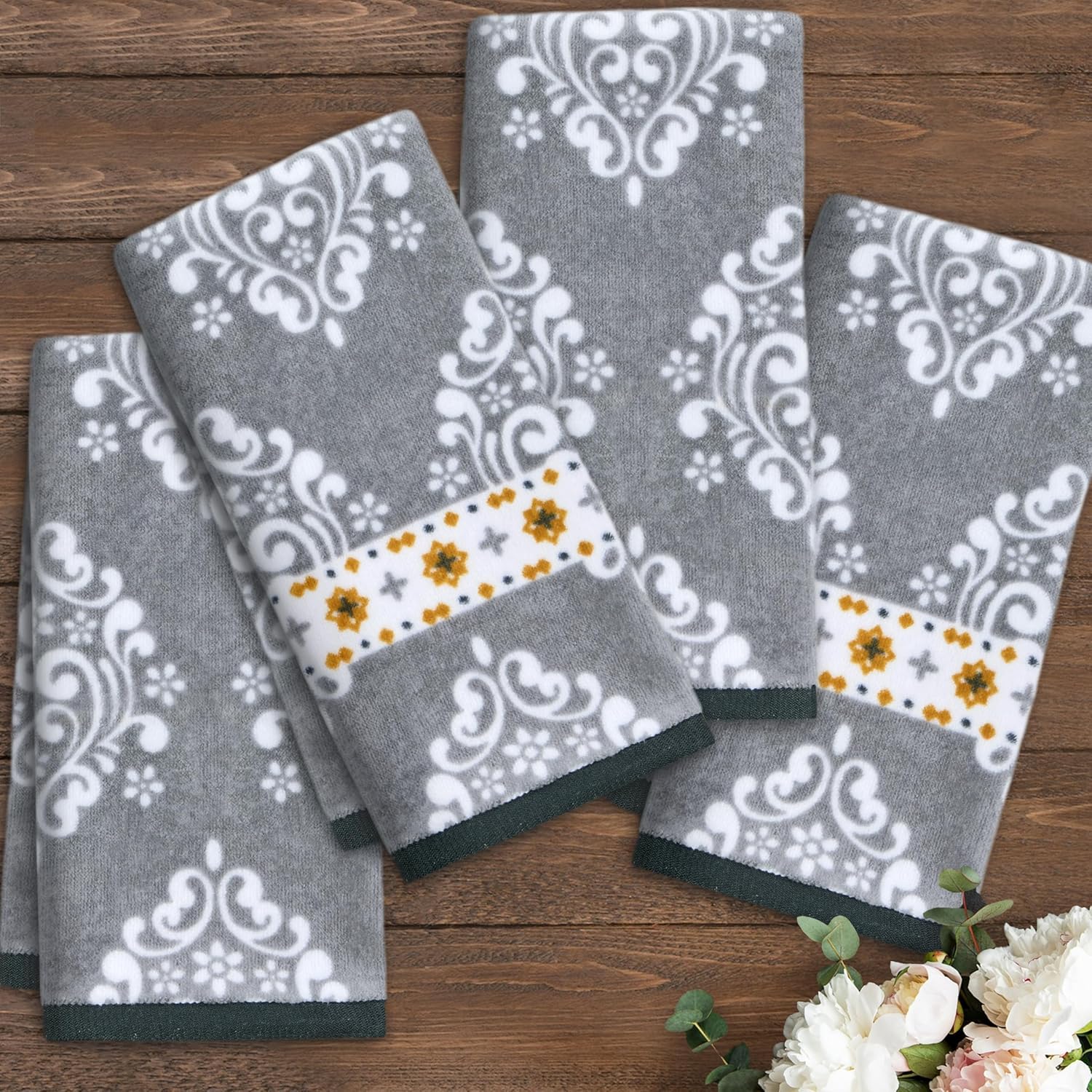 VOOVA MOVAS 4 Pack Gray Hand Towels with Damask Print