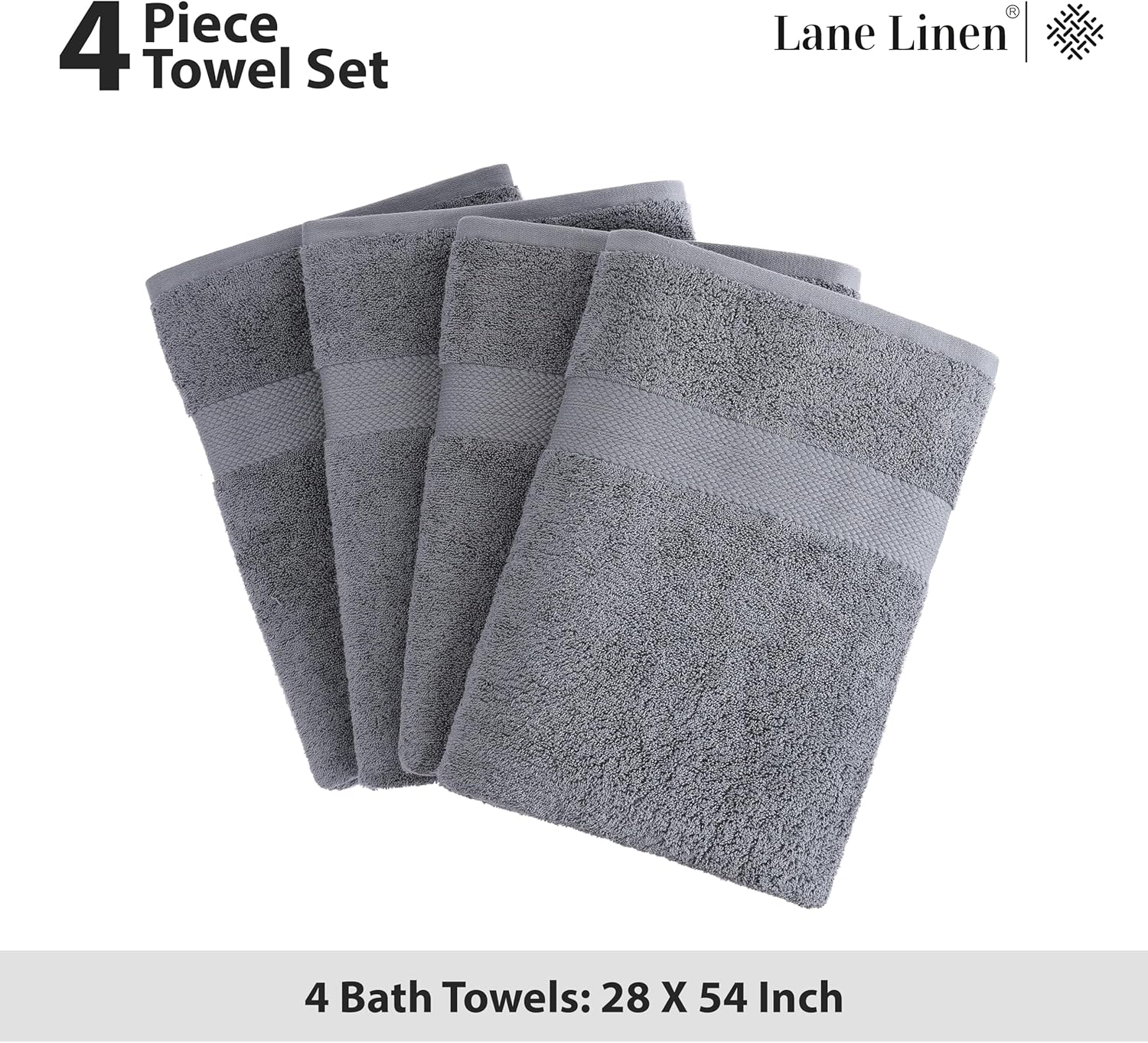 LANE LINEN 4-Piece Bath Towel Set - 100 Cotton 28x54 Cool Grey
