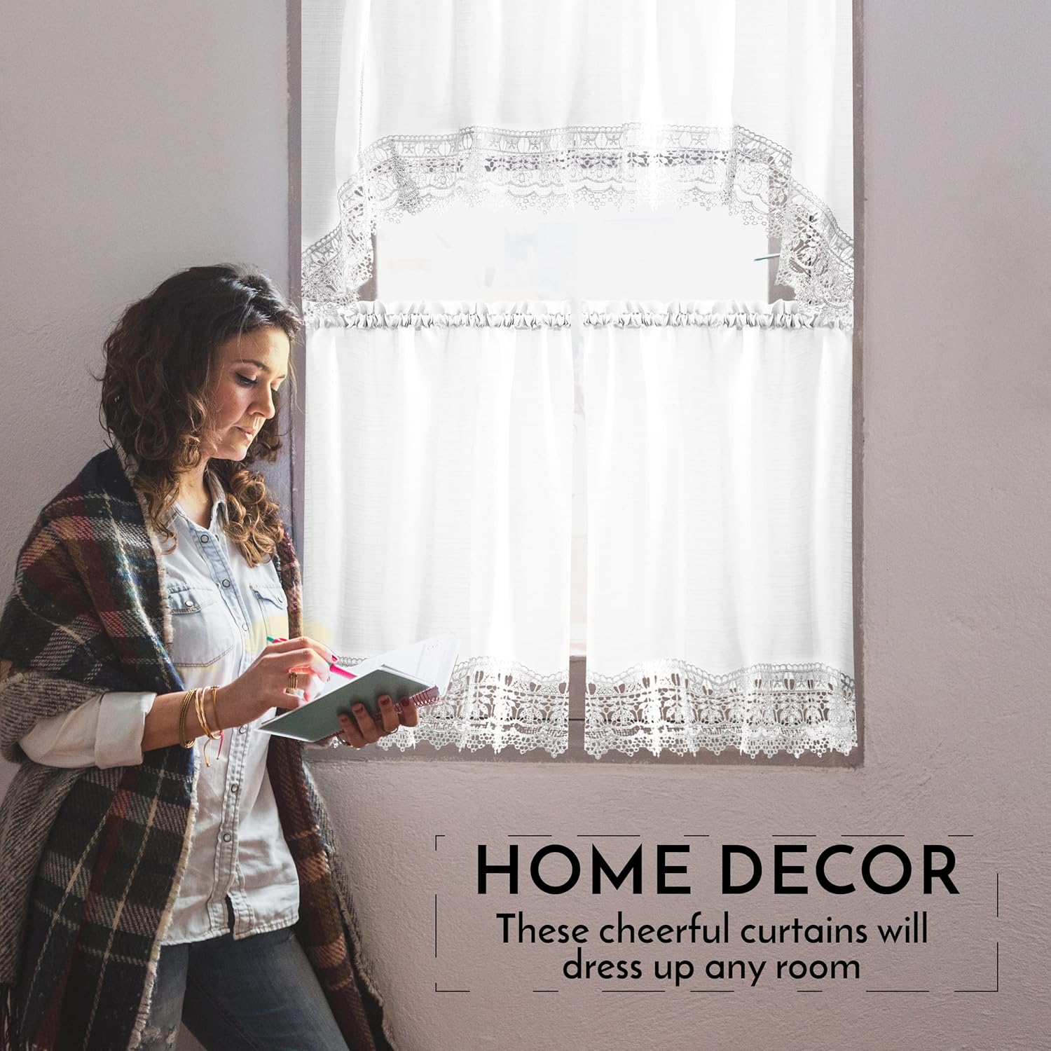 American Linen 3-Piece Caf Curtains with Valance and Lace Border