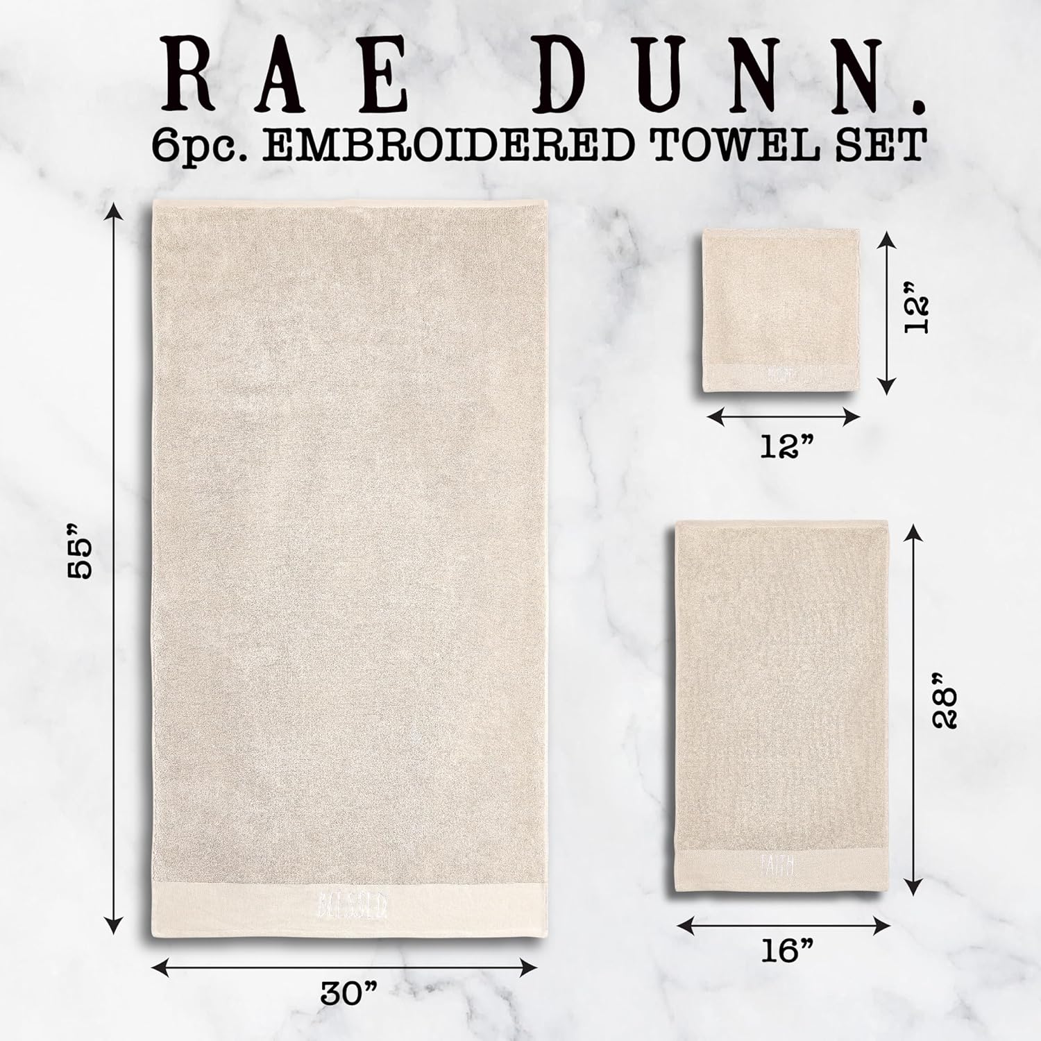 Rae Dunn 6-Piece Towel Set - Taupe and White 1